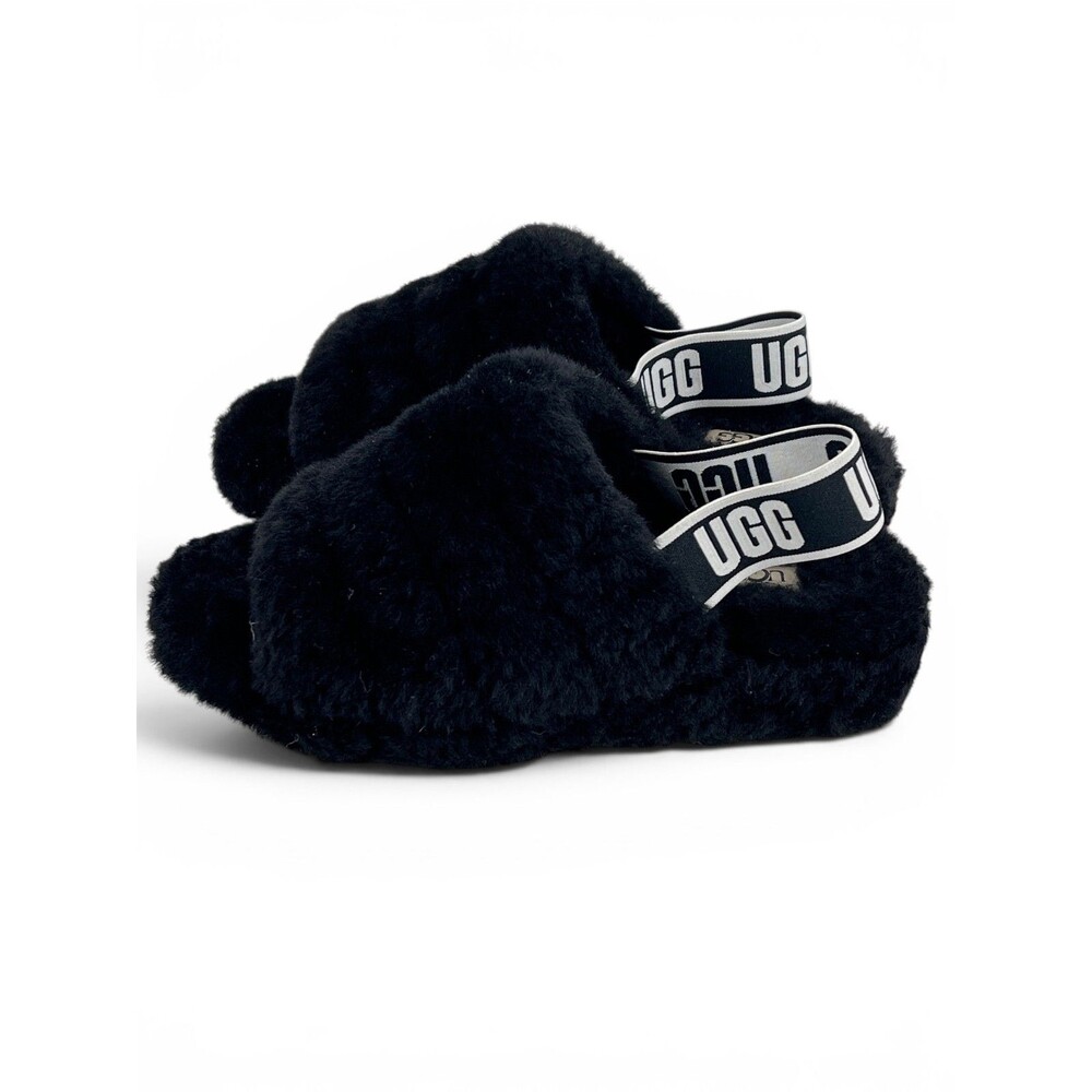 UGG Fluff Yeah Fur Slide Black Women's Slippers Logo Elastic Strap Comfort US 7